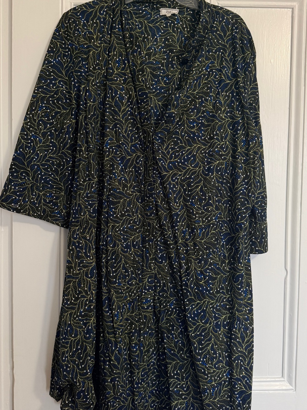 Zuri XL Black Button-Front Dress with Navy Botanical & Dot Print | Made in Kenya